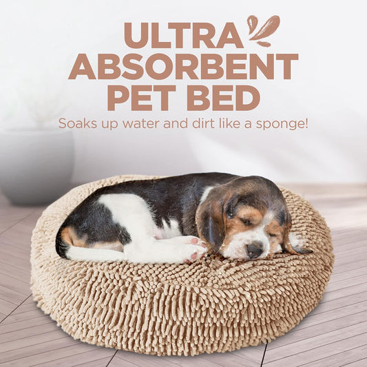 Super Snoozer Dog Bed | Beige | Medium (24”X24”X6”) | Microfiber Chenille round Bed for Dogs | Moisture Wicking Comfort